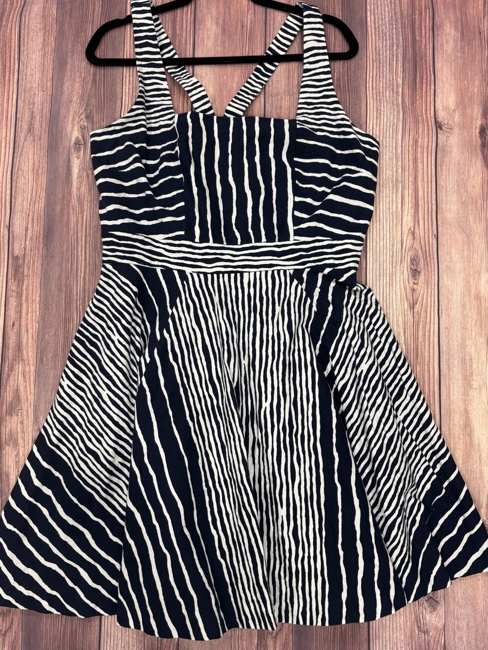 New York & Company Eva Mendes Navy and White Striped Fit-and-Flare Dress
